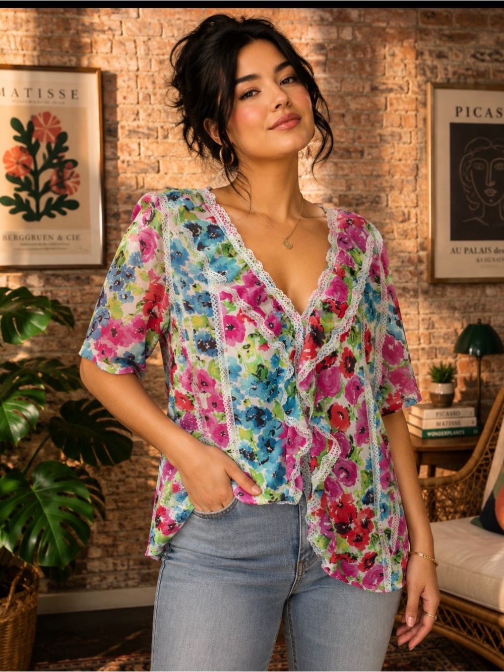 Ny collection Colorful Floral Lace Trimmed Short Sleeved Blouse